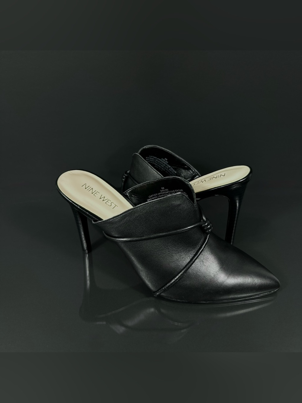 Black Pointed Toe Mules Nine West Zadloo Leather Heeled Pumps Size 6M